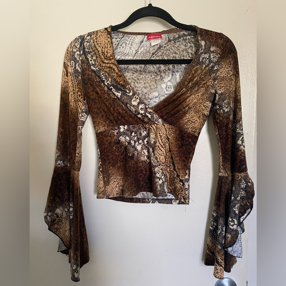 Vintage Sugarcane Mesh Blouse with Ruffled Bell Sleeves